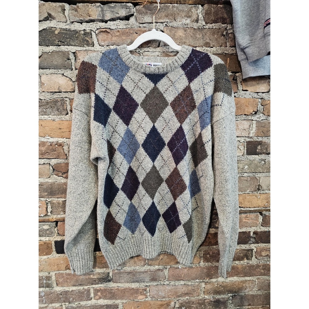 Vintage‎ Royal Scott Sweater Mens XL Gray Argyle Shetland Wool Pullover 80s
